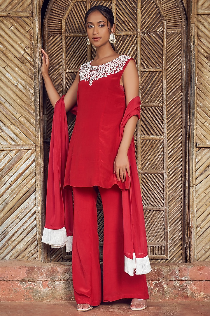 Red Crepe Moti Hand Embroidered Kurta Set by Megha Pitti at Pernia's Pop Up Shop