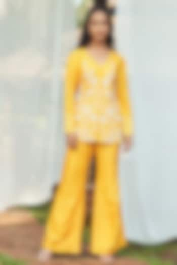 Yellow Nokia Silk Hand Embroidered Co-Ord Set by Megha Pitti at Pernia's Pop Up Shop