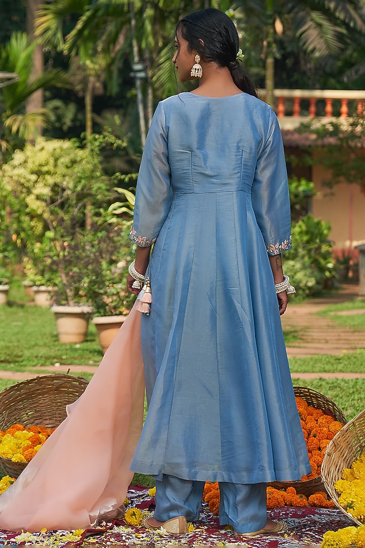 Blue Tissue Zardosi Hand Embroidered Angrakha Party Wear Anarkali Set by Megha Pitti at Pernia's Pop Up Shop