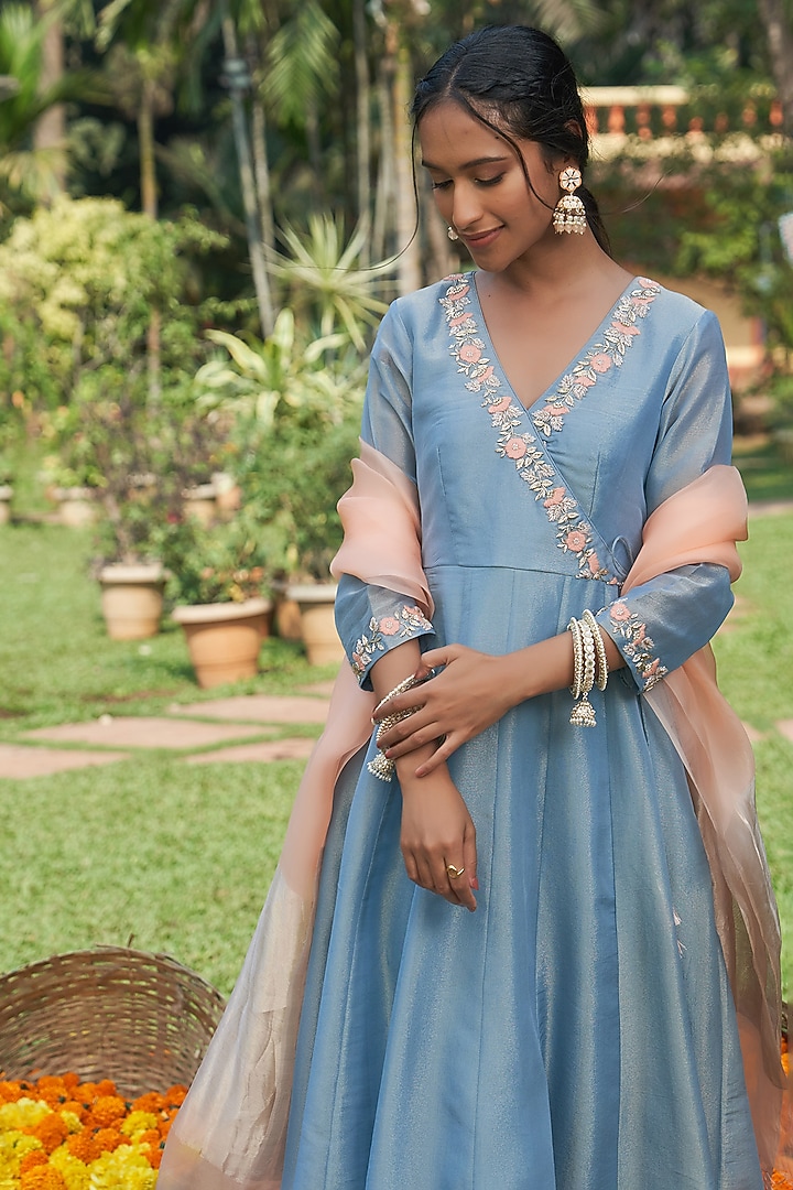 Blue Tissue Zardosi Hand Embroidered Angrakha Party Wear Anarkali Set by Megha Pitti at Pernia's Pop Up Shop