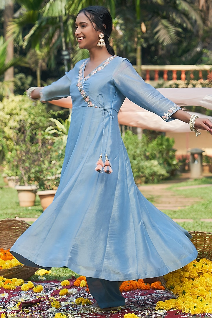 Blue Tissue Zardosi Hand Embroidered Angrakha Party Wear Anarkali Set by Megha Pitti at Pernia's Pop Up Shop
