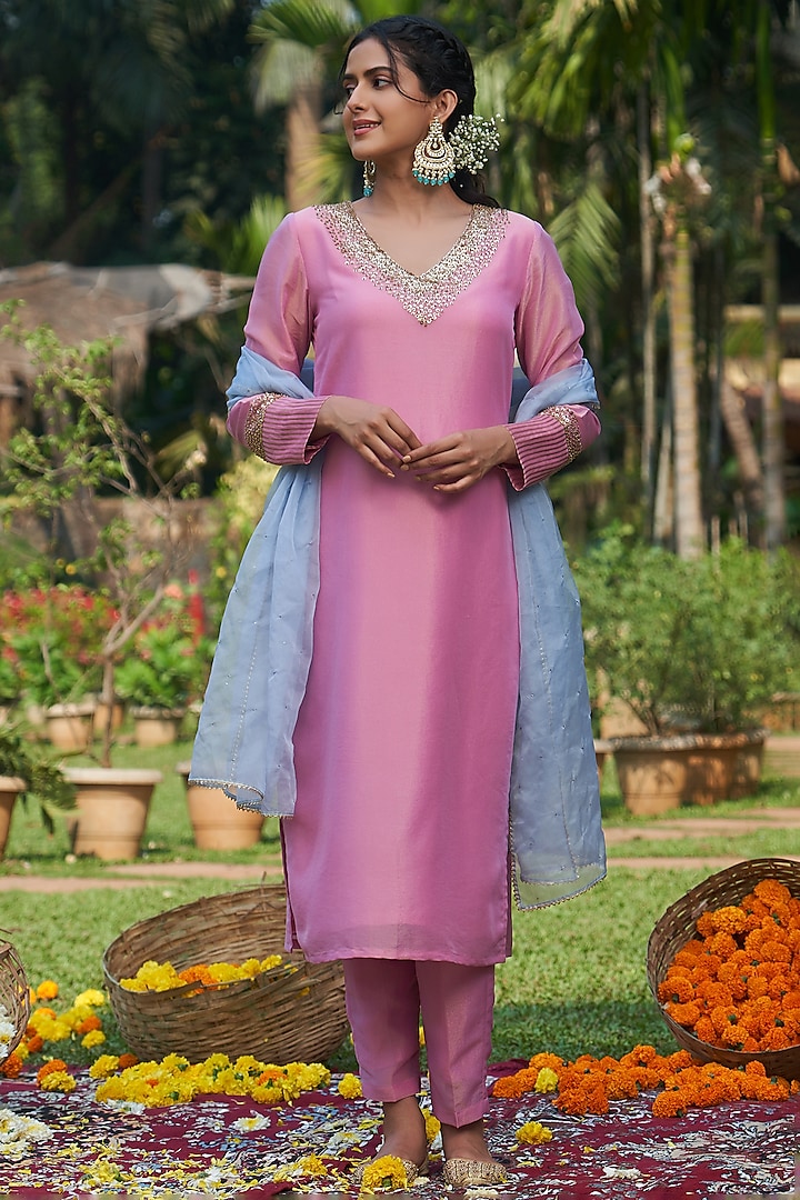 Pink Tissue Moti Hand Embroidered Kurta Set by Megha Pitti