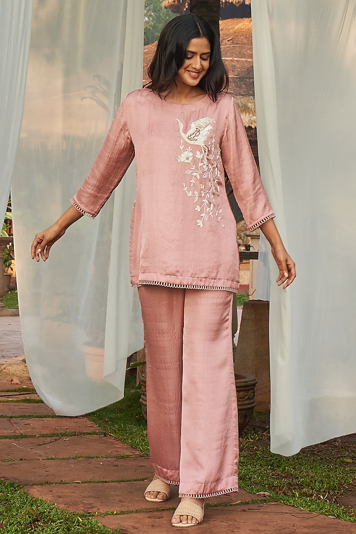 Onion Pink Satin Dupion Hand Embroidered Co-Ord Set by Megha Pitti