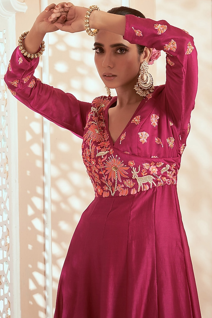 Magenta Pure Chanderi Embroidered Wedding Anarkali Set by Megha Pitti at Pernia's Pop Up Shop