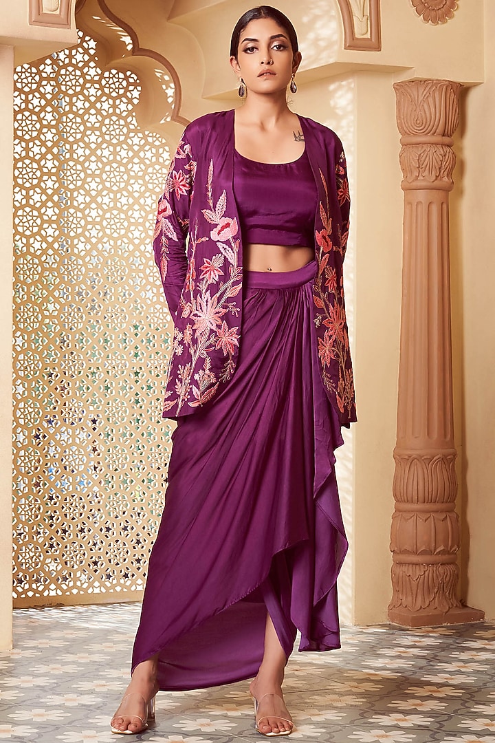 Purple Habutai Silk & Bemberg Satin Draped Skirt Set by Megha Pitti at Pernia's Pop Up Shop