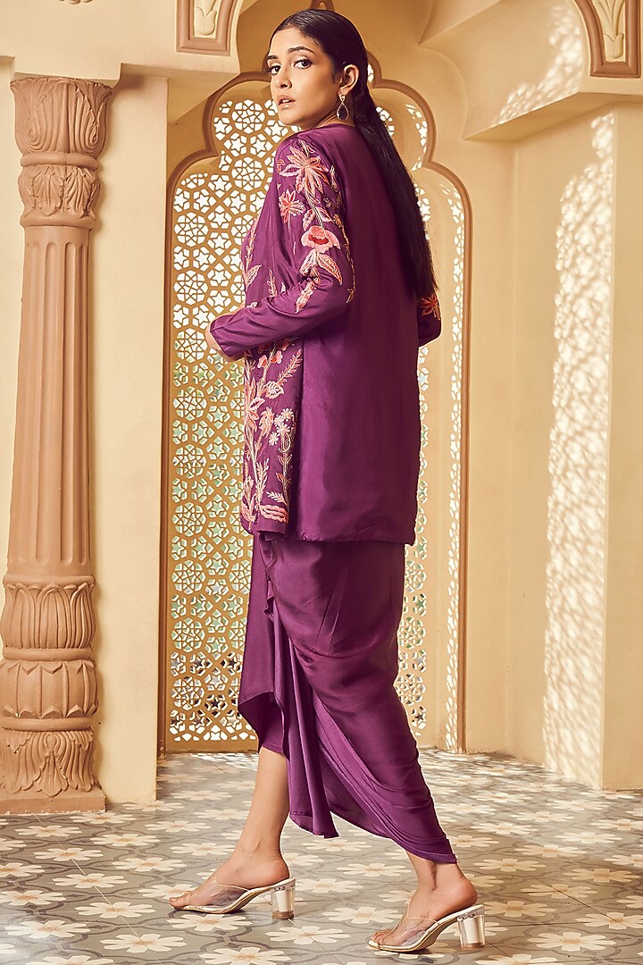 Purple Habutai Silk & Bemberg Satin Draped Skirt Set by Megha Pitti at Pernia's Pop Up Shop