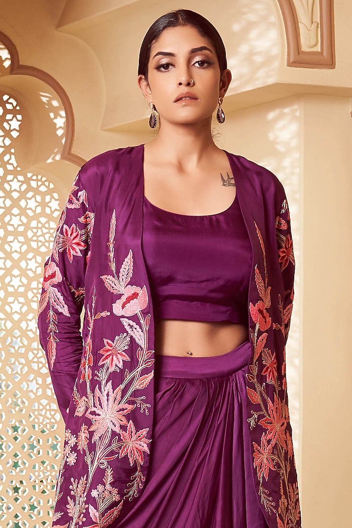 Purple Habutai Silk & Bemberg Satin Draped Skirt Set by Megha Pitti at Pernia's Pop Up Shop