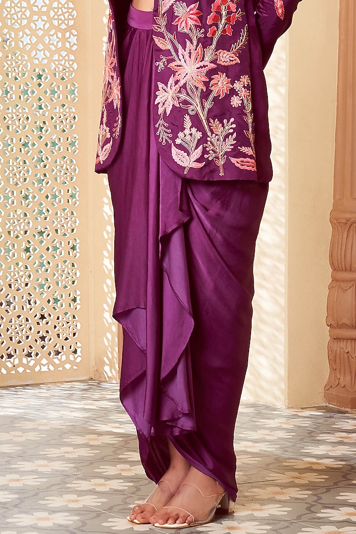 Purple Habutai Silk & Bemberg Satin Draped Skirt Set by Megha Pitti at Pernia's Pop Up Shop