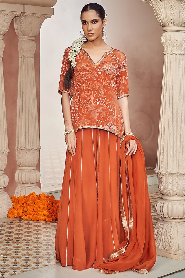 Rust Orange Bemberg Crepe Sharara Set by Megha Pitti at Pernia's Pop Up Shop