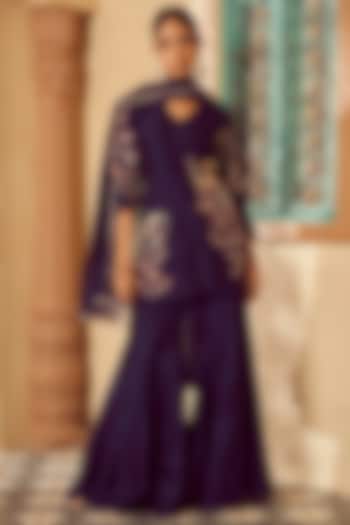 Blue Bemberg Silk Wedding Sharara Set by Megha Pitti at Pernia's Pop Up Shop