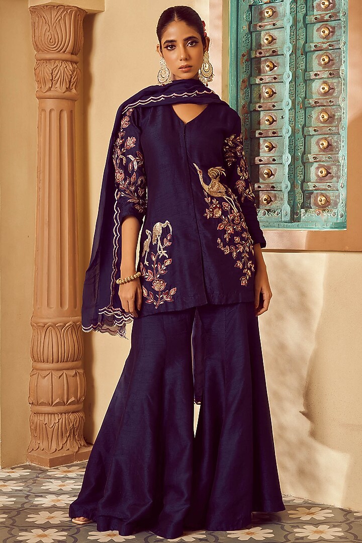 Blue Bemberg Silk Wedding Sharara Set by Megha Pitti at Pernia's Pop Up Shop