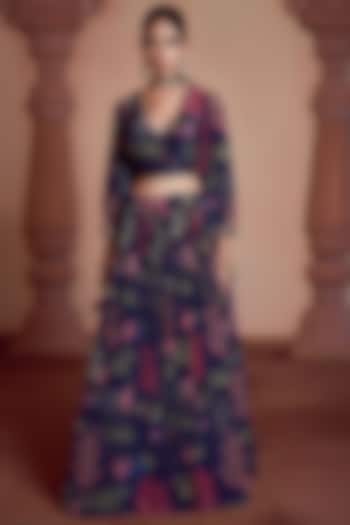 Blue Bemberg Crepe Printed Lehenga Set by Megha Pitti at Pernia's Pop Up Shop