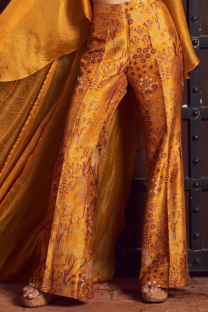 Ochre Yellow Bemberg Silk Printed Pant Set by Megha Pitti at Pernia's Pop Up Shop