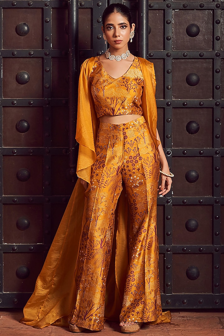 Ochre Yellow Bemberg Silk Printed Pant Set by Megha Pitti at Pernia's Pop Up Shop