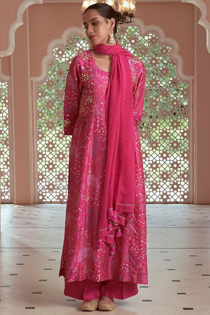 Pink Bemberg Silk Printed Kurta Set by Megha Pitti at Pernia's Pop Up Shop