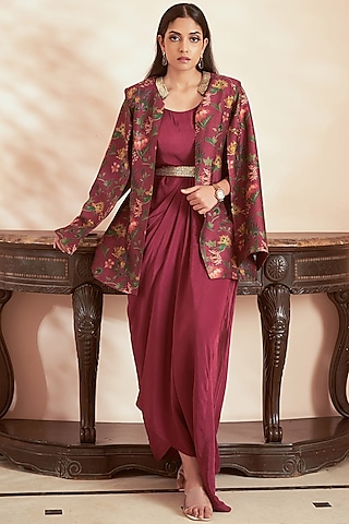 Dark Magenta Bemberg Crepe Draped Gown by Megha Pitti