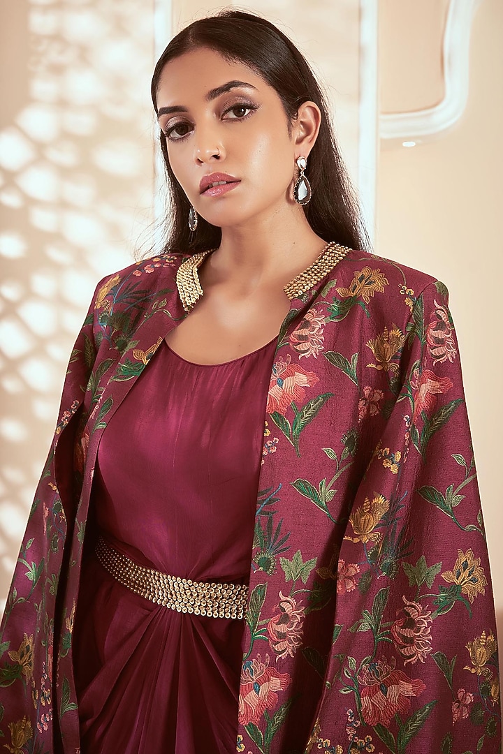 Dark Magenta Bemberg Crepe Draped Party Wear Gown by Megha Pitti at Pernia's Pop Up Shop