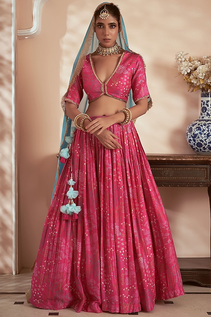 Pink Bemberg Silk Printed Wedding Lehenga Set by Megha Pitti at Pernia's Pop Up Shop