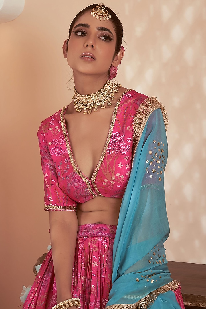 Pink Bemberg Silk Printed Wedding Lehenga Set by Megha Pitti at Pernia's Pop Up Shop