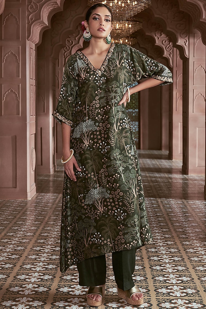 Green Bemberg Silk Printed Kurta Set by Megha Pitti