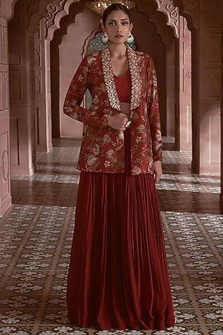 Maroon Bemberg Crepe Printed Jacket Lehenga Set by Megha Pitti