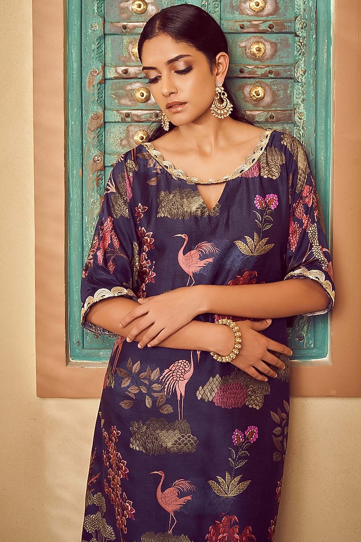 Blue Bemberg Silk Printed Kurta Set by Megha Pitti at Pernia's Pop Up Shop