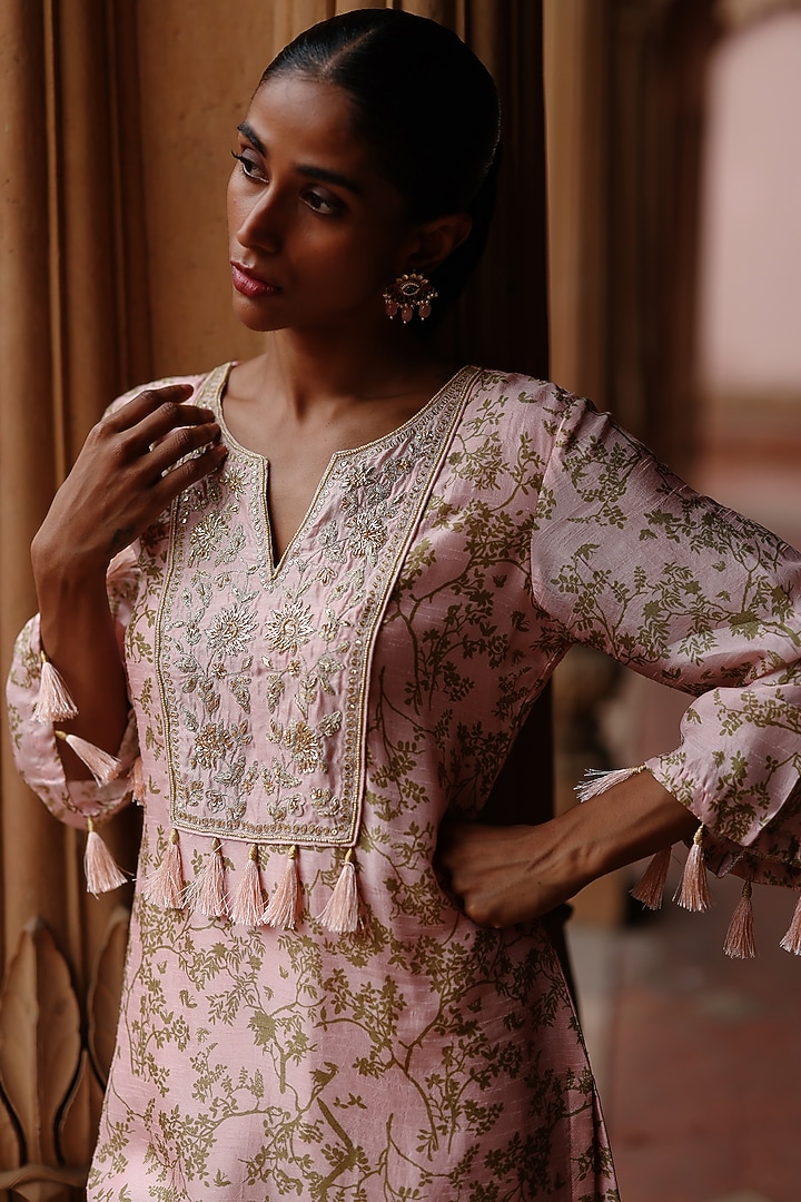 Pastel Pink Dupion Silk Zardosi Embroidered & Printed Kurta Set by Megha Pitti at Pernia's Pop Up Shop