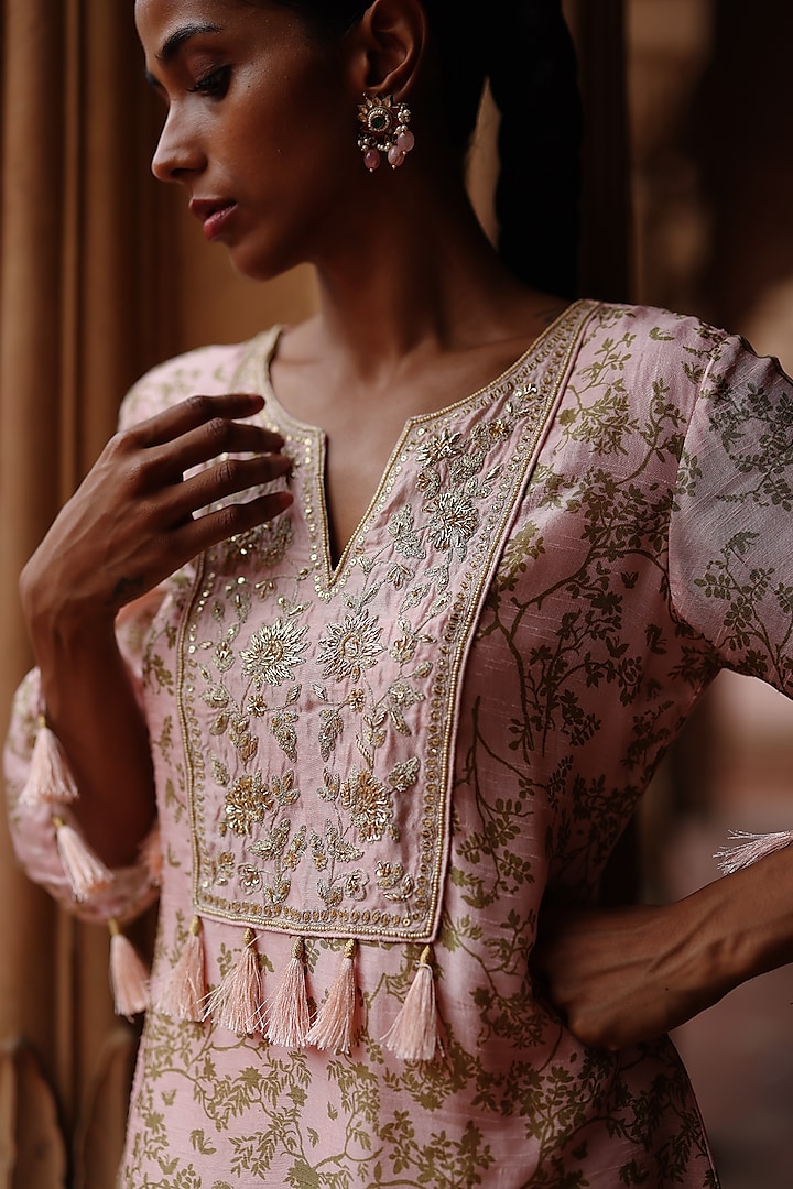Pastel Pink Dupion Silk Zardosi Embroidered & Printed Kurta Set by Megha Pitti at Pernia's Pop Up Shop