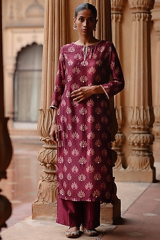 Wine Dupion Silk Sequins Embroidered & Printed Kurta Set by Megha Pitti