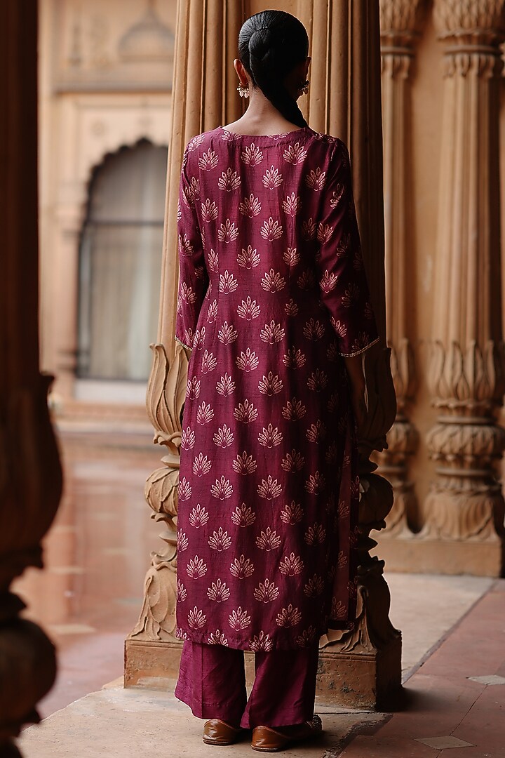 Wine Dupion Silk Sequins Embroidered & Printed Kurta Set by Megha Pitti at Pernia's Pop Up Shop