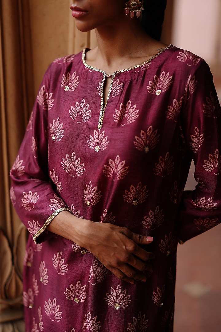Wine Dupion Silk Sequins Embroidered & Printed Kurta Set by Megha Pitti at Pernia's Pop Up Shop