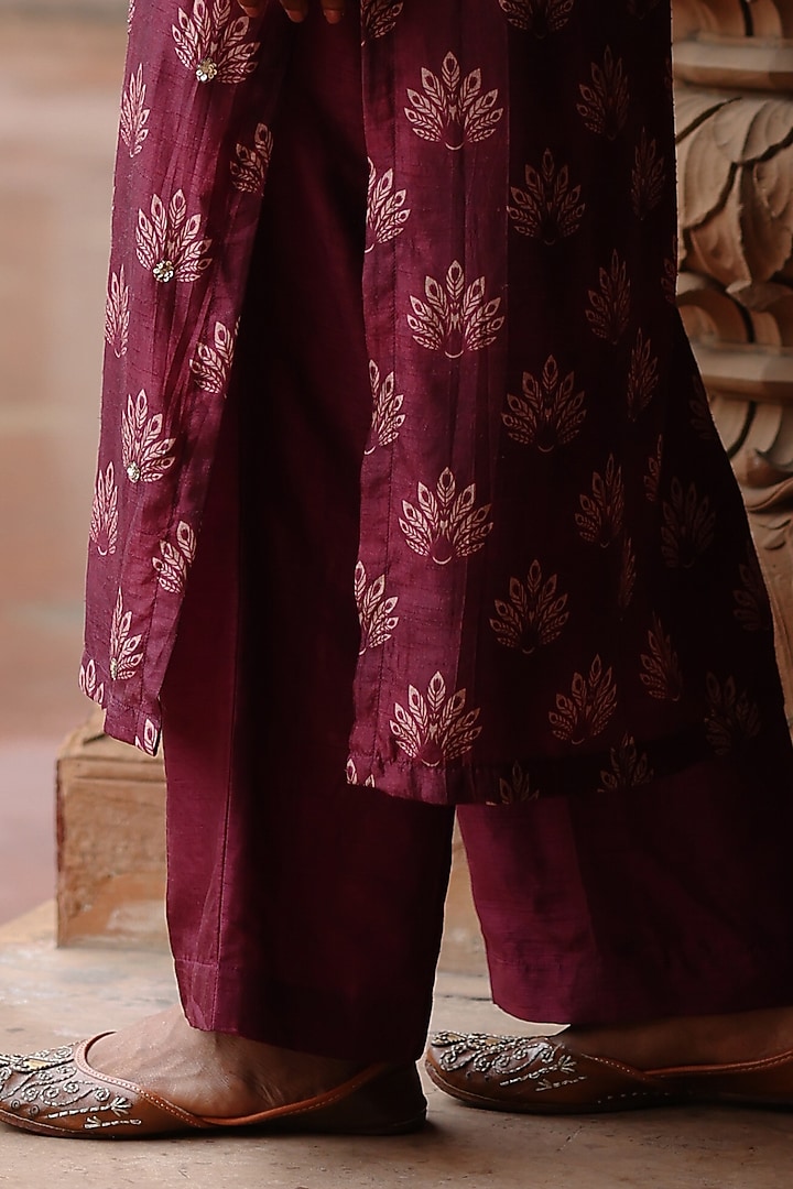Wine Dupion Silk Sequins Embroidered & Printed Kurta Set by Megha Pitti at Pernia's Pop Up Shop