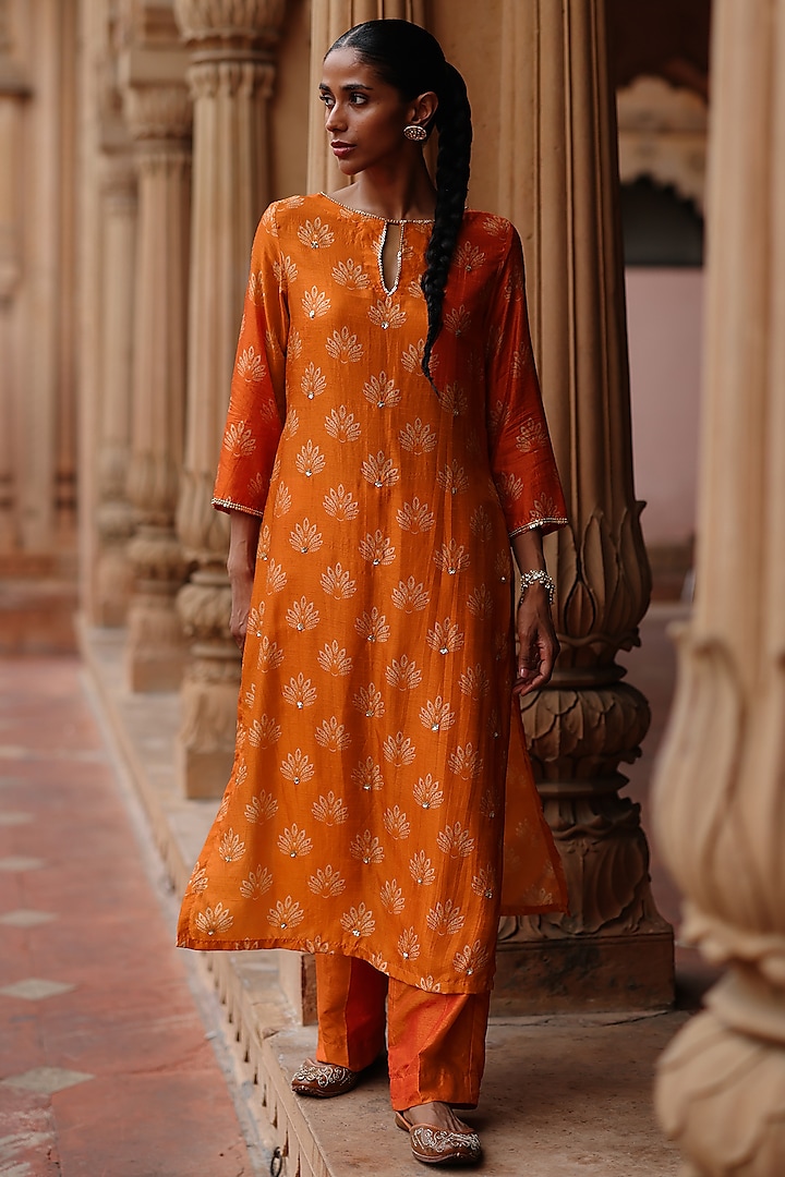 Orange Dupion Silk Sequins Embroidered & Printed Kurta Set by Megha Pitti at Pernia's Pop Up Shop