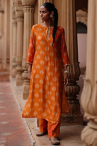 Orange Dupion Silk Sequins Embroidered & Printed Kurta Set by Megha Pitti