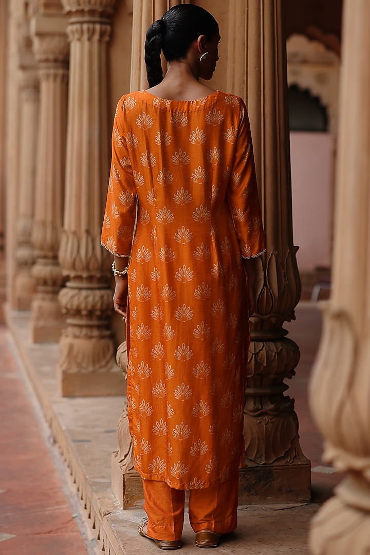 Orange Dupion Silk Sequins Embroidered & Printed Kurta Set by Megha Pitti at Pernia's Pop Up Shop