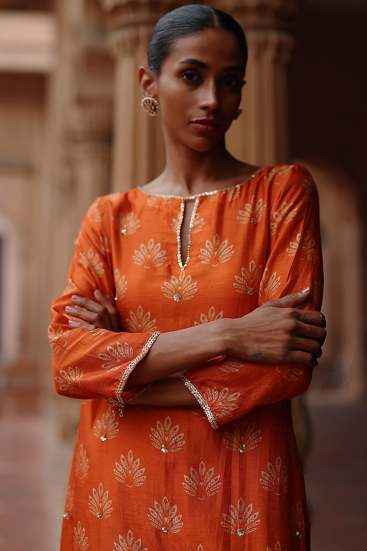 Orange Dupion Silk Sequins Embroidered & Printed Kurta Set by Megha Pitti at Pernia's Pop Up Shop