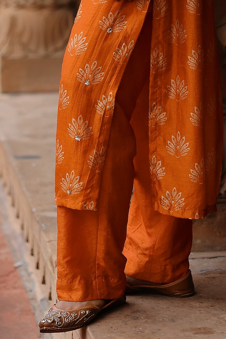 Orange Dupion Silk Sequins Embroidered & Printed Kurta Set by Megha Pitti at Pernia's Pop Up Shop