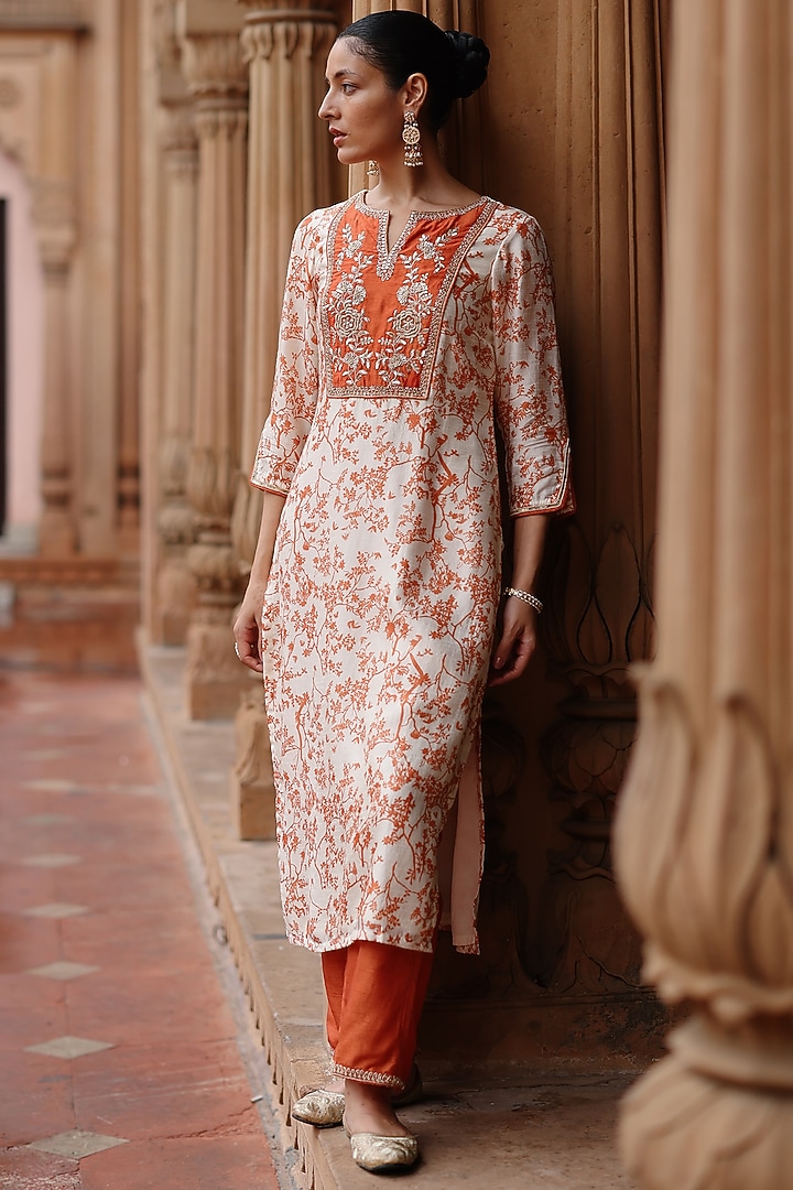 Off-White & Orange Dupion Silk Zardosi Embroidered Kurta Set by Megha Pitti at Pernia's Pop Up Shop