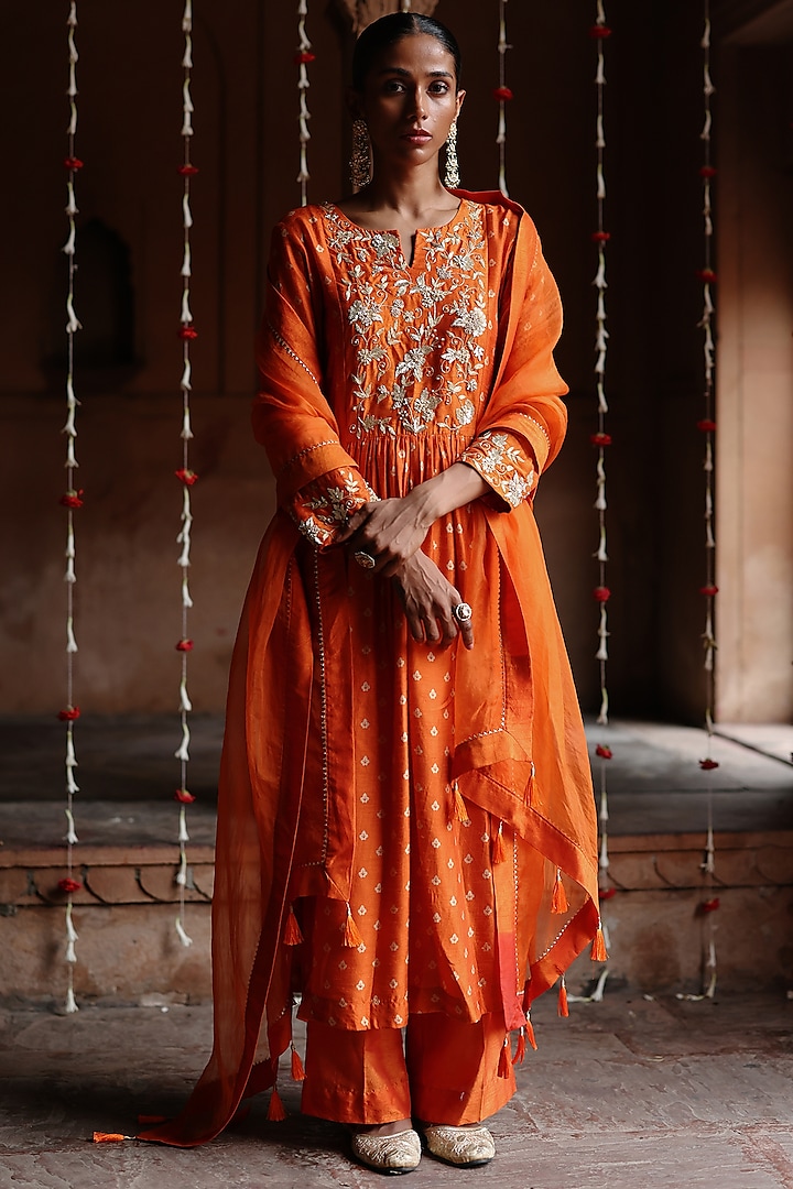 Orange Dupion Silk Zardosi Hand Embroidered & Printed Kurta Set by Megha Pitti at Pernia's Pop Up Shop