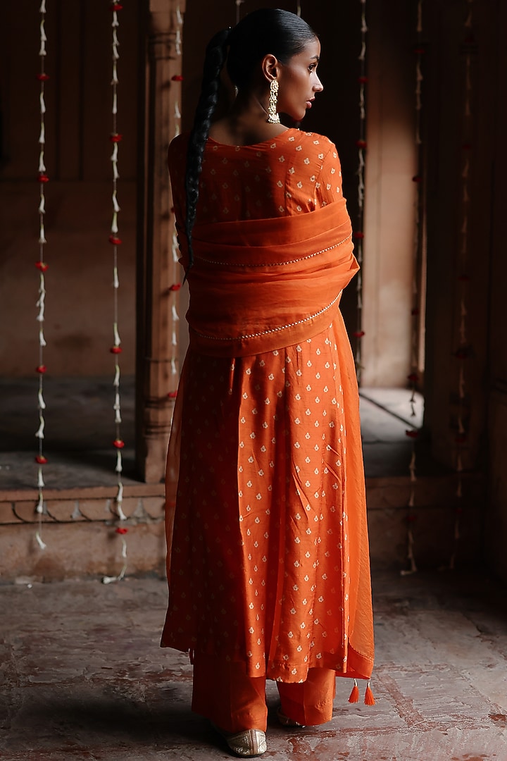 Orange Dupion Silk Zardosi Hand Embroidered & Printed Kurta Set by Megha Pitti at Pernia's Pop Up Shop