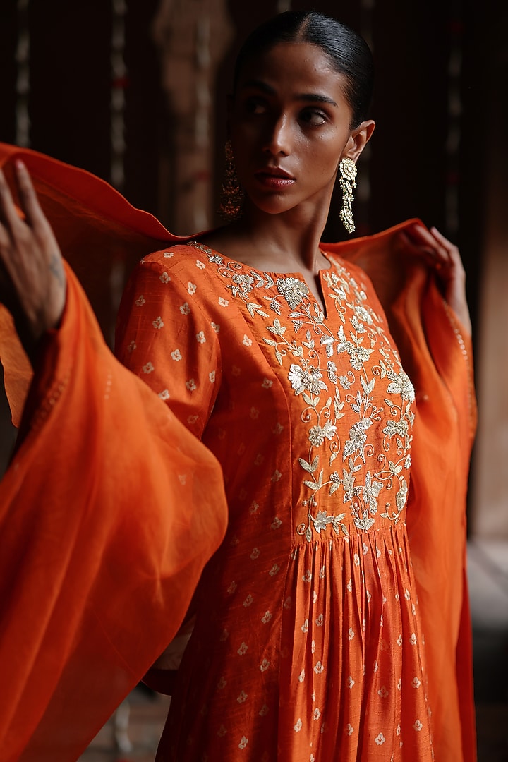Orange Dupion Silk Zardosi Hand Embroidered & Printed Kurta Set by Megha Pitti at Pernia's Pop Up Shop