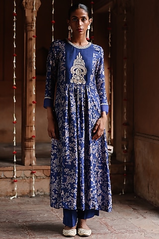Blue Dupion Silk Zardosi Hand Embroidered & Printed Kurta Set by Megha Pitti