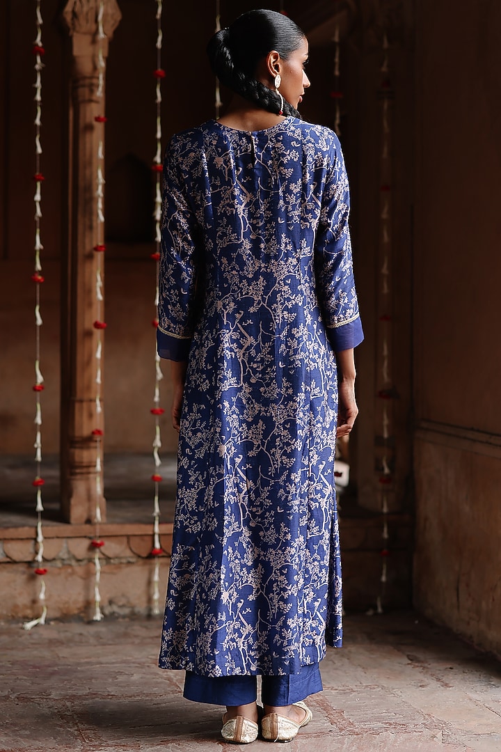 Blue Dupion Silk Zardosi Hand Embroidered & Printed Kurta Set by Megha Pitti at Pernia's Pop Up Shop