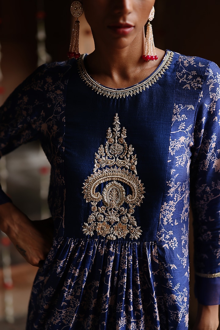 Blue Dupion Silk Zardosi Hand Embroidered & Printed Kurta Set by Megha Pitti at Pernia's Pop Up Shop