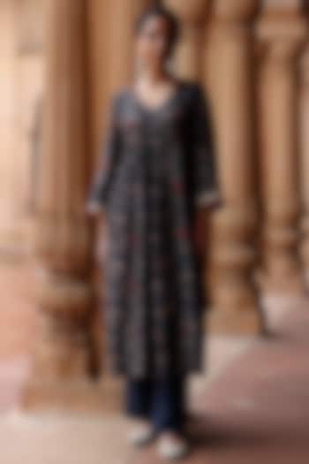 Dark Blue Dupion Silk Hand Embroidered & Printed Kurta Set by Megha Pitti at Pernia's Pop Up Shop