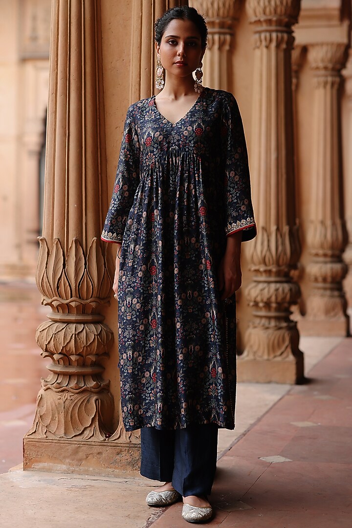 Dark Blue Dupion Silk Hand Embroidered & Printed Kurta Set by Megha Pitti at Pernia's Pop Up Shop
