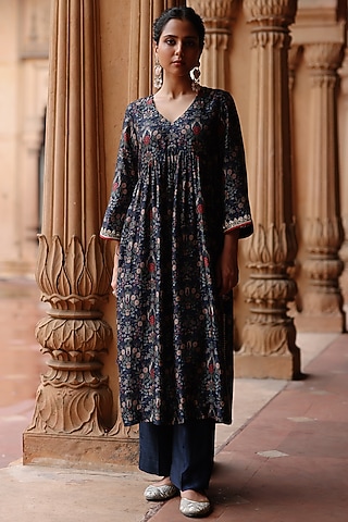 Dark Blue Dupion Silk Hand Embroidered & Printed Kurta Set by Megha Pitti