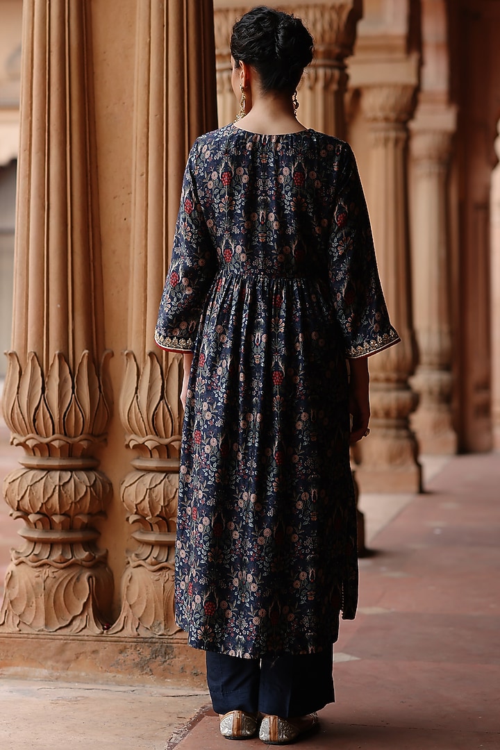 Dark Blue Dupion Silk Hand Embroidered & Printed Kurta Set by Megha Pitti at Pernia's Pop Up Shop
