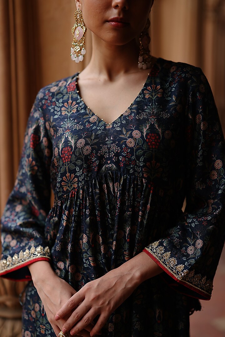 Dark Blue Dupion Silk Hand Embroidered & Printed Kurta Set by Megha Pitti at Pernia's Pop Up Shop