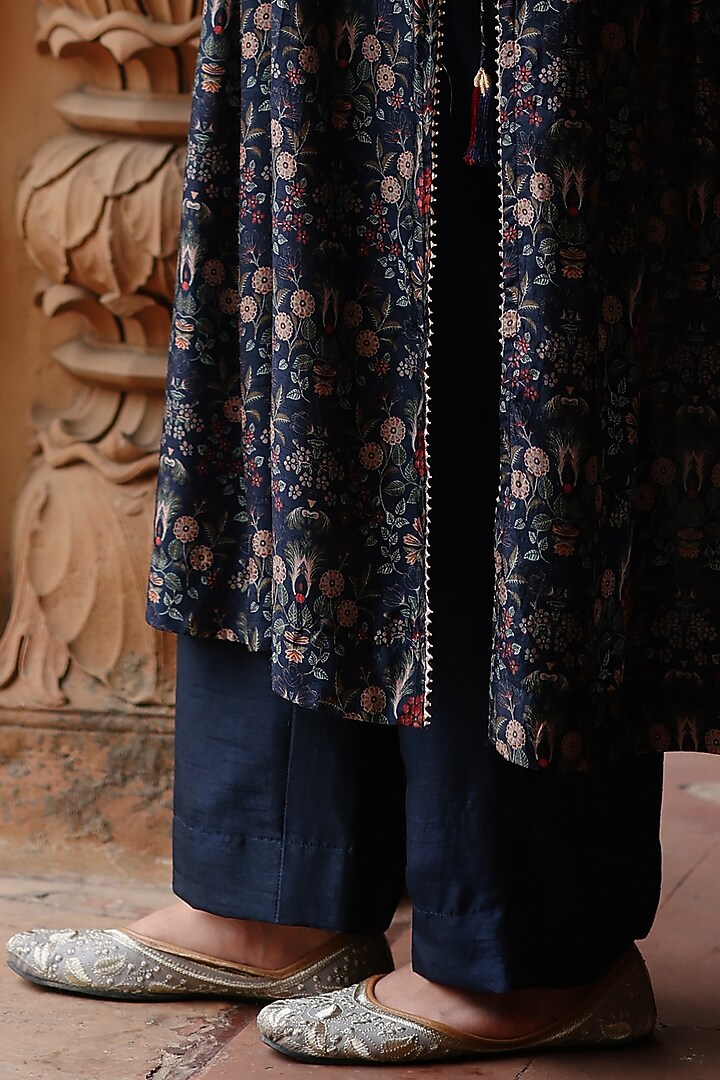 Dark Blue Dupion Silk Hand Embroidered & Printed Kurta Set by Megha Pitti at Pernia's Pop Up Shop
